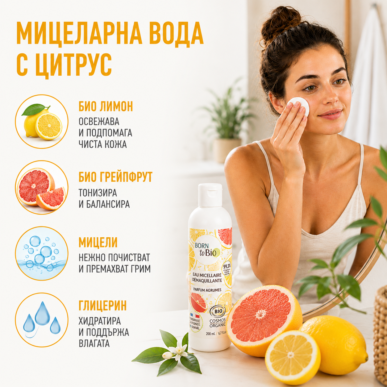 Био мицеларна вода с цитрус за комбинирана и мазна кожа